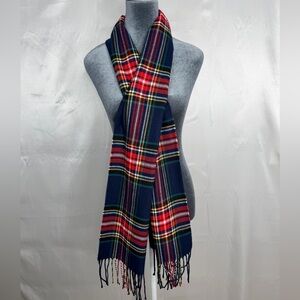 Little Green Apple Tartan Plaid Scarf Navy Red Fringe 74x12 NWT